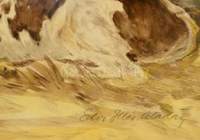 Edvi Illés Aladár (1858-1927): Tehenek. Színezett rézkarc, papír, jelzett, üvegezett fa keretben, pa...