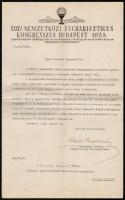1938 Serédi Jusztinián (1884-1945) hercegprímás gépelt köszönő levele Zilahy Dezsőnek, Budapest Főváros Idegenforgalmi Hivatalának igazgatójának, az Nemzetközi Eucharisztikus Kongresszus fejléces papírján, Serédi Jusztinán aláírásával.