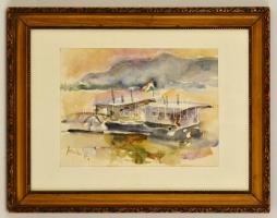 Somlai Vilma (1938-2007): Dunai kikötő. Akvarell, papír, jelzett, üvegezett keretben, 20×27 cm