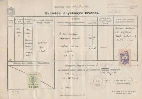 1947 Születési anyakönyvi kivonat újpesti 78 sz. városi illetékkel + illetékbélyeggel