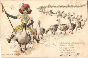 3 db Hegedűs-Geiger R. humoros litho művészlap; Száz anyós egy sorba, Száz liba egy sorba, Száz leány egy sorba / 3 Hegedűs-Geiger R. litho art postcards; girls, mother-in-law, geese