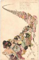 3 db Hegedűs-Geiger R. humoros litho művészlap; Száz anyós egy sorba, Száz liba egy sorba, Száz leán...