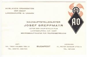 cca 1940 Az NSDAP külföldi szakszervezetének magyarországi vezetőjének névjegykártyája / Business card of the NSDAP Hungary Gauleiter