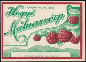 cca 1920 Legfinomabb Hegyi Málnaszörp címke, 7x10 cm