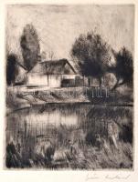 Iván Szilárd (1912-1988): Házikó a tóparton, rézkarc, papír, jelzett, 18,5×14,5 cm