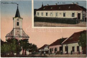 Nyitrabajna, Bajna, Bojná; utcakép a templommal, római katolikus paplak / street view with church, rectory / R. k. fara