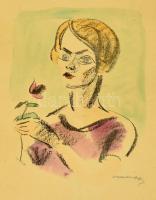 Márffy Ödön (1878-1959): Csinszka virággal. Színezett litográfia, papír, jelzett, szakadással, 27×21 cm