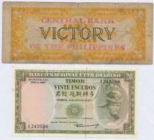 7db-os vegyes bankjegy tétel, közte Francia Indokína, Kambodzsa, Timor és Holland Kelet-India T:III-...