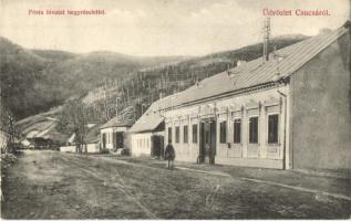 Csucsa, Ciucea; Posta hivatal hegyrészlettel, utcakép. Ifj. Simon Gerő kiadása / post office with mountain in the background, street view