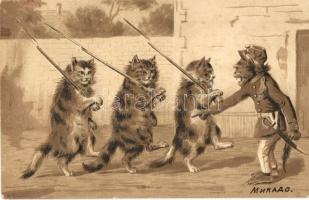 Cat soldiers, officer monkey. Emb. litho