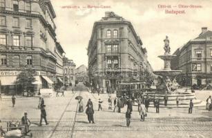 Budapest VIII. Baross utca és Üllői út, Kálvin tér, villamos, gyógyszertár, szökőkút, Calvin kávéház, vendéglő. Divald Károly 109-1907.