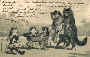 Cat family, baby carriage. Emb. litho (EK)