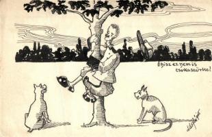 1915 Ó, hisz ez nem is csukaszürke! Kézzel rajzolt tábori posta levelezőlap / WWI Hungarian Feldpost. K.u.K. soldier on a tree, hand-drawn s: László (fa)