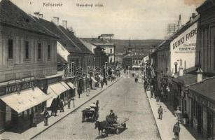 Kolozsvár, Cluj; Wesselényi utca, Kovács József, Dunky Fivérek, Pap Ernő üzletei, Pannonia szálloda. Bernát kiadása / street view, shops, hotel (Rb)