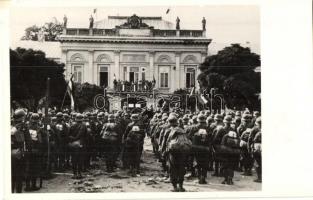1938 Ipolyság, Sahy; bevonulás, városháza / entry of the Hungarian troops, town hall + Ipolyság visszatért So. Stpl.