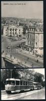 Sárga, zöld, piros villamosok külföldön, 1 db vintage fotó (6x9 cm) + 4 db képeslap (Nagyvárad, Szóf...