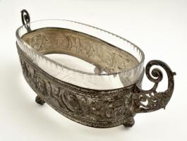 1900 ezüstözött alpakka jardiniere, eredeti üvegbetéttel, apró csorbával, h:35 cm, m:12 cm