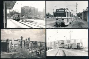 cca 1985 Budapesti villamosok, 3 db vintage fotó + 3 db budapesti képeslap villamos motívummal + heti villamos bérlet az 1930-as évekből, 9x14 cm és 10x15 cm