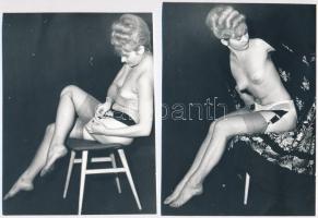 cca 1968 Privát vetkőzőszám, 9 db szolidan erotikus vintage fotó, 12,5x8,5 cm és 14,5x12 cm között /...
