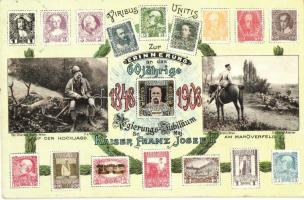 Kaiser Franz Josef I. 60 Jährige Regierungs-Jubiläum / Franz Josephs 60th anniversary of reign, set of Austrian stamps, hunting. Charles Scolik No. 3690.