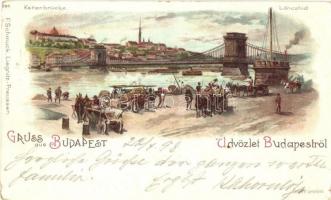 1898 Budapest, Lánchíd, rakparti piac. F. Schmuck litho