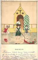 Balaton. Egy jó kislány viselt dolgai sorozat 2. szám / Hungarian art postcard s: Kozma Lajos (r)