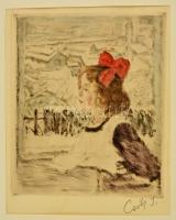 Csók István (1865-1961) - Prihoda István (1891-1956): Züzü az ablakban. Színezett rézkarc, papír, jelzett (Csók), 23×19 cm