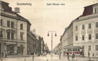 Szombathely, Széll Kálmán utca, villamos Milka reklámmal, Pető Ármin üzlete. Dukesz Jenő kiadása (vágott / cut)