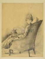 Kóber Leó (1876-1932): Ülő nő kutyával. Szén, papír, jelzett, 36×28 cm