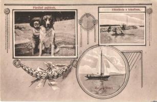 Balaton, Fürdőző pajtások, vitorlázás a teknőben, megy a Mici. Divald Károly fia kiadása, Art Nouveau (EK)