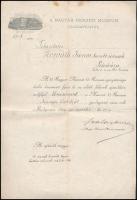1899 Szalay Imrének (1846-1917) a Magyar Nemzeti Múzeum Igazgatójának (1894-1916) köszönő levele, a Nemzeti Múzeum fejléces papírján, Szalay Imre aláírásával.