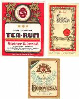 cca 1910-1930 3 db italcímke: Steiner D. Dezső legfinomabb tea-rum, Valódi Borovicska, Krém Likőr, 7x6 és 10x8 cm közötti méretben