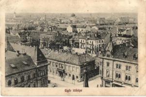 1912 Győr, látkép a zsinagógával, előtérben Kisfaludy kávéház, Veöreös palota. Kiadja Hermann Izidor 279. (EB)