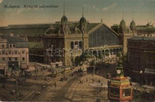 1929 Budapest VI. Nyugati pályaudvar, villamosok, toronyóra Modiano likőr reklámmal (EK)