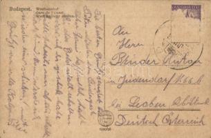 1929 Budapest VI. Nyugati pályaudvar, villamosok, toronyóra Modiano likőr reklámmal (EK)