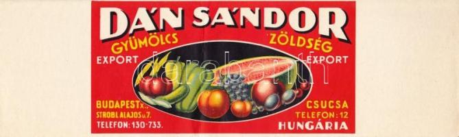cca 1910-1940 Dán Sándor Gyümölcs-Zöldség Export kereskedő reklámcímke, litho, 9x17 cm