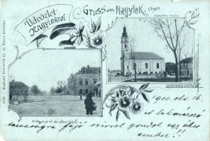 Nagylak, Nadlac; Palika utca, evangélikus templom / street view with church. Art Nouveau, floral (EM)