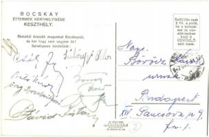 Keszthely, Bocskay éttermek kerthelyisége, hátoldalon a tulajdonos aláírásával