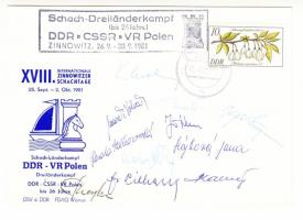 1981 NDK-s, csehszlovák és lengyel sakkozók aláírásai sakk-találkozó levelezőlapján