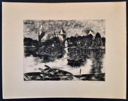 Blahos Rudolf (1917-1986): Városligeti tó. Rézkarc, karton, jelzett, 24,5×32 cm