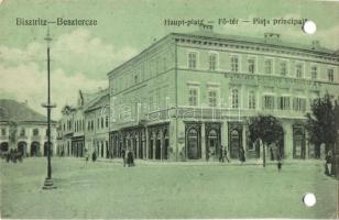 Beszterce, Bistritz, Bistrita; Fő tér, Takarékpénztár, Kollmann és Keresztes / Hauptplatz / main square, savings bank, shops (lyukak / holes)