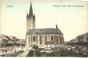 Eperjes, Presov; Fő utca, Római katolikus templom / main street with church