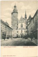Kassa, Kosice; Forgách utca, dóm, Goldberger és Elischer és Fiedler üzlete / street view with cathedral, shops