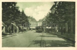 Nagyszeben, Hermannstadt, Sibiu; Mária királyné utca villamossal. Jos. Drotleff / Strada Regina Maria / Königin Maria-Gasse / street view with tram