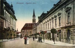 Kolozsvár, Cluj; Egyetem utca, üzletek, templom / street view with shops