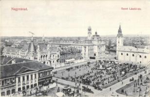 Nagyvárad, Oradea; Szent László tér, piac, takarékpénztár, Csarnok kávéház. Vidor Manó kiadása / square, savings bank, market, cafe, churches