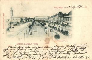1898 Nagyvárad, Oradea; St. Ladislaus Platz / Szent László tér, lovaskocsik, üzletek / square, horse-drawn carriages, shops (EK)