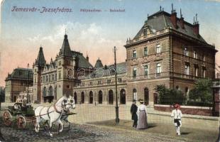 Temesvár, Timisoara; Józsefváros, vasútállomás, hintó / Bahnhof / railway station with horse cart (EB)