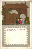 Boldog Újévet. Rigler József Ede kiadása / New Year greeting art postcard (EK)