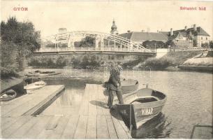 Győr, Sétatéri híd, Vihar csónak, háttérben Pannonia könyvnyomda. S. D. M. 2068.